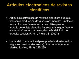 Artículos electrónicos de revistas científicas Artículos electrónicos de revistas científicas que a su vez son reproducción de la versión impresa: Emplee el mismo formato de referencia que utiliza para un artículo de revista científica impresa y agregue "versión electrónica" entre corchetes, después del título del artículo: Lussier, R. N., y Pfeifer, S. (2001). Un modelo transnacional para predecir el éxito en los negocios [versión electrónica]. Journal of CommonMarketStudies, 39(3), 228-239.