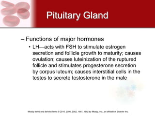 Pituitary Gland

– Functions of major hormones
  • LH—acts with FSH to stimulate estrogen
    secretion and follicle growth to maturity; causes
    ovulation; causes luteinization of the ruptured
    follicle and stimulates progesterone secretion
    by corpus luteum; causes interstitial cells in the
    testes to secrete testosterone in the male




  Mosby items and derived items © 2010, 2006, 2002, 1997, 1992 by Mosby, Inc., an affiliate of Elsevier Inc.
 