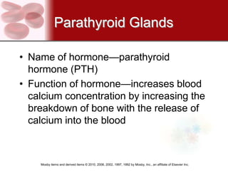 Parathyroid Glands

• Name of hormone—parathyroid
  hormone (PTH)
• Function of hormone—increases blood
  calcium concentration by increasing the
  breakdown of bone with the release of
  calcium into the blood



    Mosby items and derived items © 2010, 2006, 2002, 1997, 1992 by Mosby, Inc., an affiliate of Elsevier Inc.
 