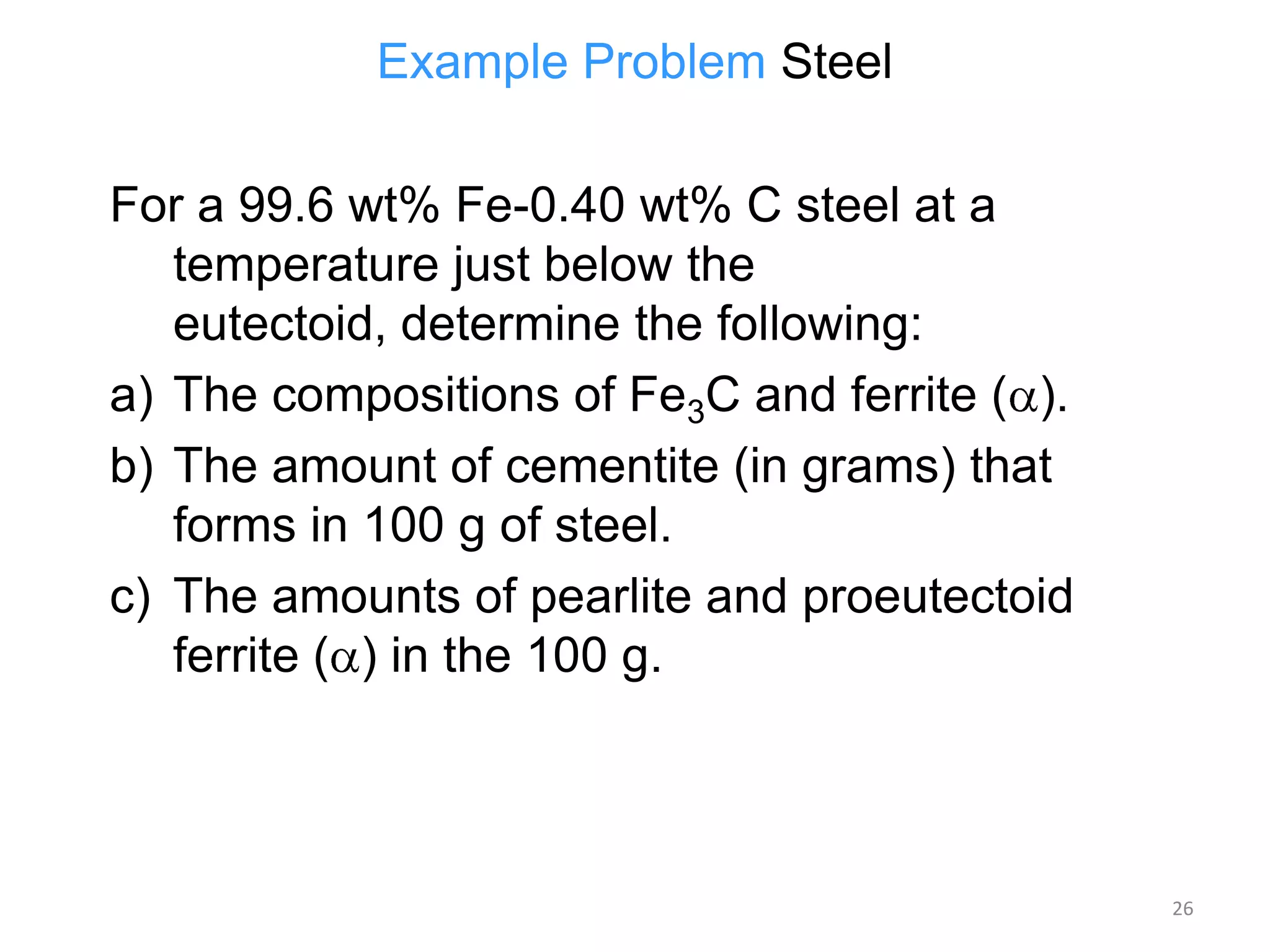 Example Problem Steel
For a 99.6 wt% Fe-0.40 wt% C steel at a
temperature just below the
eutectoid, determine the following:
a) The compositions of Fe3C and ferrite ( ).
b) The amount of cementite (in grams) that
forms in 100 g of steel.
c) The amounts of pearlite and proeutectoid
ferrite ( ) in the 100 g.

26

 