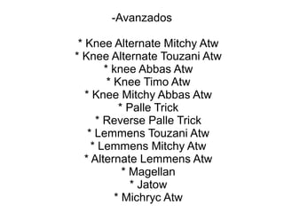 -Avanzados

 * Knee Alternate Mitchy Atw
* Knee Alternate Touzani Atw
        * knee Abbas Atw
         * Knee Timo Atw
   * Knee Mitchy Abbas Atw
            * Palle Trick
      * Reverse Palle Trick
    * Lemmens Touzani Atw
     * Lemmens Mitchy Atw
   * Alternate Lemmens Atw
             * Magellan
               * Jatow
           * Michryc Atw
 