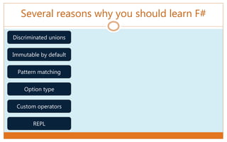 Several reasons why you should learn F#
Discriminated unions
Immutable by default
Pattern matching
Option type
Custom operators
REPL
 