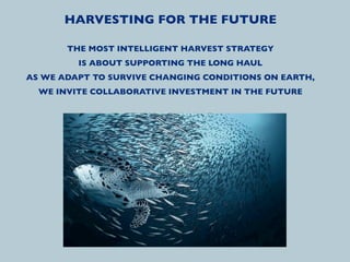 HARVESTING FOR THE FUTURE

       THE MOST INTELLIGENT HARVEST STRATEGY
         IS ABOUT SUPPORTING THE LONG HAUL
AS WE ADAPT TO SURVIVE CHANGING CONDITIONS ON EARTH,
  WE INVITE COLLABORATIVE INVESTMENT IN THE FUTURE
 