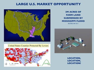 LARGE U.S. MARKET OPPORTUNITY

                      3M ACRES OF
                       FARM LAND
                     SUBMERGED BY
                    MISSISSIPPI FLOOD
                        REUTERS, MAY 2011




                        LOCATION,
                        LOCATION,
                        LOCATION!
 