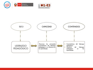 M1-E3
Reconoce las principales
características del liderazgo
pedagógico y su influencia en
los aprendizajes.
EJE 3 CAPACIDAD CONTENIDOS
LIDERAZGO
PEDAGÓGICO
Características del liderazgo
pedagógico.
Influencia del liderazgo
pedagógico en los
aprendizajes.
 