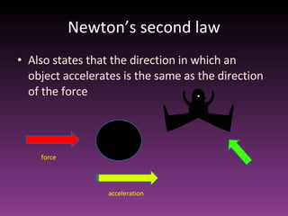 Newton’s second law Also states that the direction in which an object accelerates is the same as the direction of the force force acceleration 