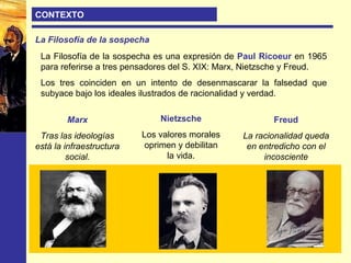 CONTEXTO
La Filosofía de la sospecha
La Filosofía de la sospecha es una expresión de Paul Ricoeur en 1965
para referirse a tres pensadores del S. XIX: Marx, Nietzsche y Freud.
Los tres coinciden en un intento de desenmascarar la falsedad que
subyace bajo los ideales ilustrados de racionalidad y verdad.
Marx
Tras las ideologías
está la infraestructura
social.
Nietzsche
Los valores morales
oprimen y debilitan
la vida.
Freud
La racionalidad queda
en entredicho con el
incosciente
 