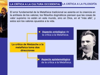 LA CRÍTICA A LA CULTURA OCCIDENTAL LA CRÍTICA A LA FILOSOFÍA El error fundamental de la Metafísica tradicional se asienta en la creencia en la antítesis de los valores; los filósofos dogmáticos piensan que las cosas de valor supremo no están en este mundo, sino en Dios, en el “más allá”, y estos son los valores opuestos a la vida. La crítica de Nietzsche a la metafísica toma dos direcciones Aspecto ontológico  de la crítica a la Metafísica. Aspecto epistemológico  de la crítica a la Metafísica. 