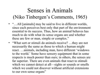Senses in Animals
   (Niko Tinbergen’s Comments, 1965)
• “…All [animals] may be said to live in different worlds,
  since each perceives best only that part of the environment
  essential to its success. Thus, how an animal behaves has
  much to do with what its sense organs are and whether
  these are few or man, simple or complex.”
• “What sort or stimuli do animals receive? …they are not
  necessarily the same as those to which a human might
  react. …animals, including man, have different ‘windows
  to the world.’ Some have sensory equipment that in some
  respects is much poorer than ours; in others, the senses are
  far superior. There are even animals that react to stimuli
  which we cannot detect at all—sights or sounds or smells
  which we could not discover without artificial extensions
  to our own sense organs”
 