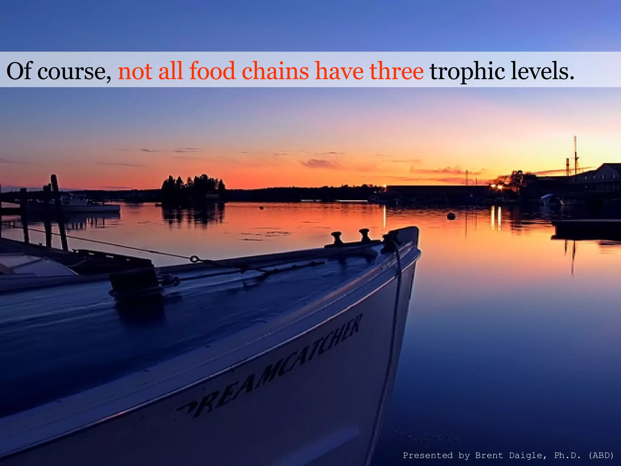 Of course,   not all food chains have three   trophic levels.  Presented by Brent Daigle, Ph.D. (ABD) 