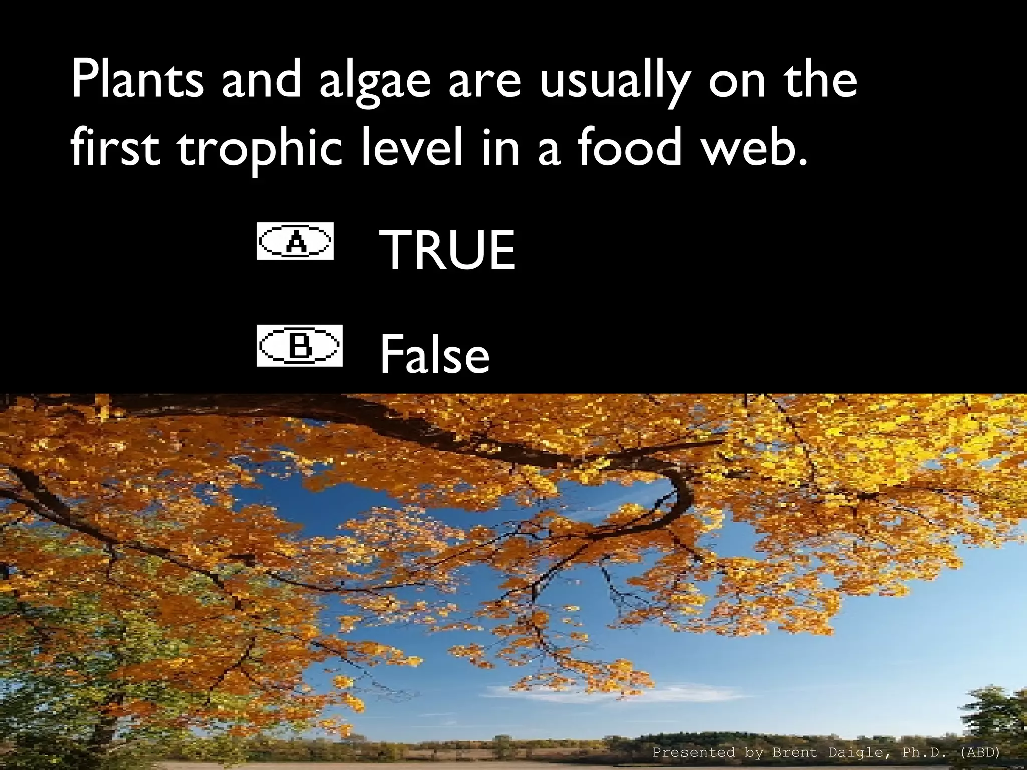 Plants and algae are usually on the first trophic level in a food web. TRUE False Presented by Brent Daigle, Ph.D. (ABD) 