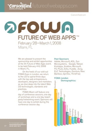 futureofwebapps.com
                                                                                                              Carsoniﬁed.com




                       February 28--March1, 2008
                       Miami, FL

                       We are pleased to present the            Past Sponsors
                       sponsorship and exhibit opportunities    Adobe, Microsoft, AOL, Sun
                       at the 5h Future of Web Apps event,      Microsystems, Google, Yahoo!,
                       to be held February 4-6, 2008            KickApps, Xcalibre, Microsoft,
                       in Miami, FL.                            F5, Pluck, Zoho, Huddle, Zong,
                            On the heels of our sold out        ELC Technologies, Quintura, New
                       FOWA Expo in London, we return           Bamboo, SpinVox, ThinkFree
                       to the US to spend three days
                       with the top web entrepreneurs,          FOWA London
                       developers, designers and marketers           Demographics:
                                                               Developer




                       as we dive deep into the latest Web
                       2.0 technologies, standards and
                       practices.
                                                                             Academic




                            FOWA Miami will feature one
                                                                           Founder




                       day of conference sessions, one day
                                                                                        Manager




                       of workshops and a one-day beach
                       party/networking event. Sponsors will
                       have one day to exhibit during the
                       conference session day.
                                                                                                  Sponsor
                                                                                                             Designer
                                                                                                            Marketing
                                                                                                            Speaker
                                                                                                                        Investor
                                                                                                                                   Press




     01For more information contact
     01sponsorships@carsoniﬁed.com
01     +44 (0) 1225 31 33 77