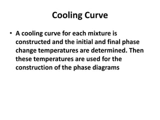 Cooling Curve
• A cooling curve for each mixture is
constructed and the initial and final phase
change temperatures are determined. Then
these temperatures are used for the
construction of the phase diagrams

 