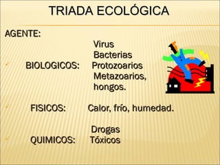 TRIADA ECOLÓGICA
AGENTE:
                  Virus
                  Bacterias
   BIOLOGICOS:   Protozoarios
                  Metazoarios,
                  hongos.

   FISICOS:      Calor, frío, humedad.

                  Drogas
   QUIMICOS:     Tóxicos
 