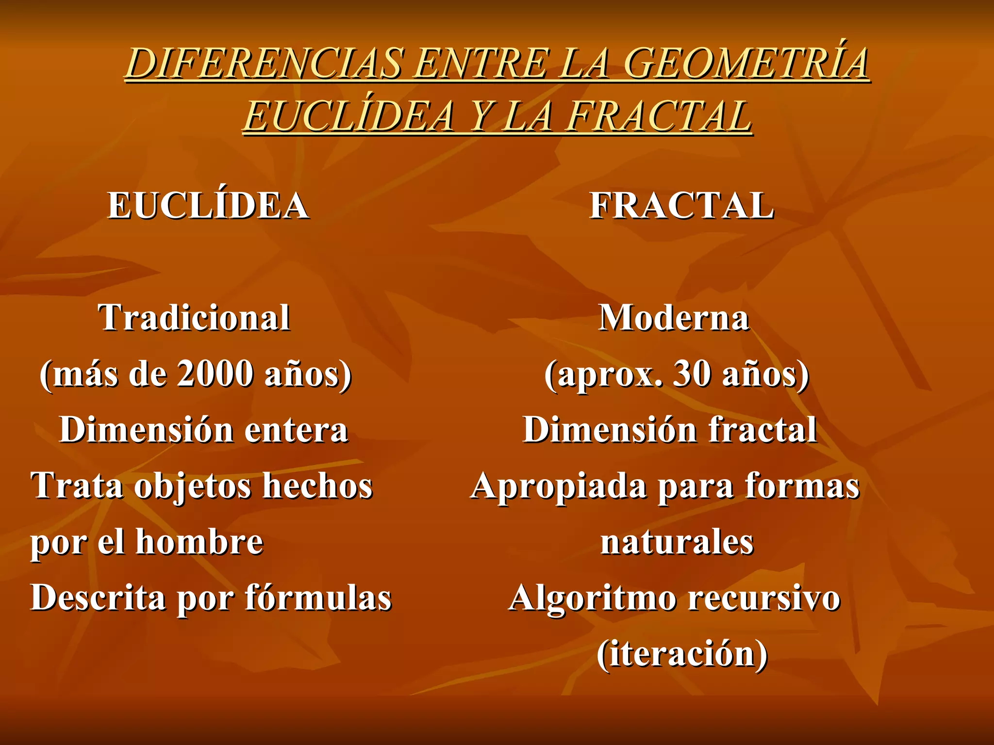 DIFERENCIAS ENTRE LA GEOMETRÍA EUCLÍDEA Y LA FRACTAL EUCLÍDEA  FRACTAL Tradicional  Moderna  (más de 2000 años)  (aprox. 30 años) Dimensión entera  Dimensión fractal Trata objetos hechos  Apropiada para formas por el hombre  naturales Descrita por fórmulas  Algoritmo recursivo (iteración) 