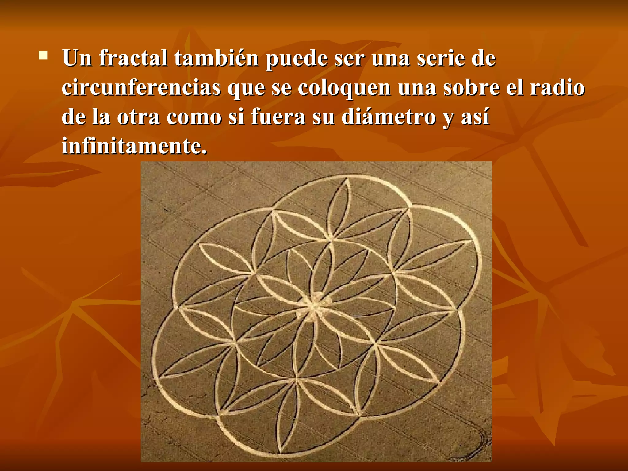 Un fractal también puede ser una serie de circunferencias que se coloquen una sobre el radio de la otra como si fuera su diámetro y así infinitamente. 