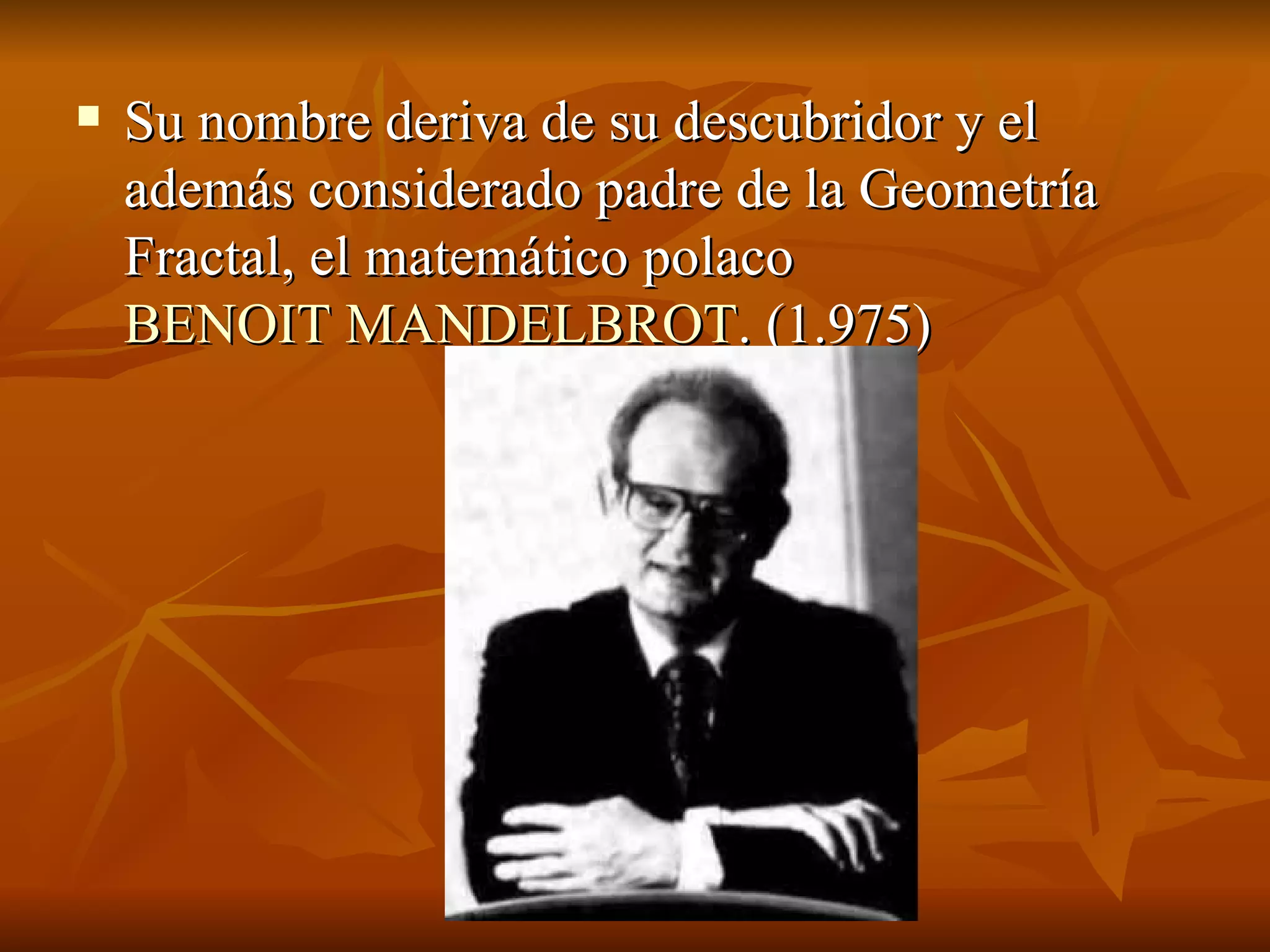 Su nombre deriva de su descubridor y el además considerado padre de la Geometría Fractal, el matemático polaco  BENOIT MANDELBROT . (1.975) 