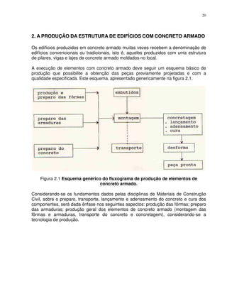 20




2. A PRODUÇÃO DA ESTRUTURA DE EDIFÍCIOS COM CONCRETO ARMADO

Os edifícios produzidos em concreto armado muitas vezes recebem a denominação de
edifícios convencionais ou tradicionais, isto é, aqueles produzidos com uma estrutura
de pilares, vigas e lajes de concreto armado moldados no local.

A execução de elementos com concreto armado deve seguir um esquema básico de
produção que possibilite a obtenção das peças previamente projetadas e com a
qualidade especificada. Este esquema‚ apresentado genericamente na figura 2.1.




    Figura 2.1 Esquema genérico do fluxograma de produção de elementos de
                               concreto armado.

Considerando-se os fundamentos dados pelas disciplinas de Materiais de Construção
Civil, sobre o preparo, transporte, lançamento e adensamento do concreto e cura dos
componentes, será dada ênfase nos seguintes aspectos: produção das fôrmas; preparo
das armaduras; produção geral dos elementos de concreto armado (montagem das
fôrmas e armaduras, transporte do concreto e concretagem), considerando-se a
tecnologia de produção.
 