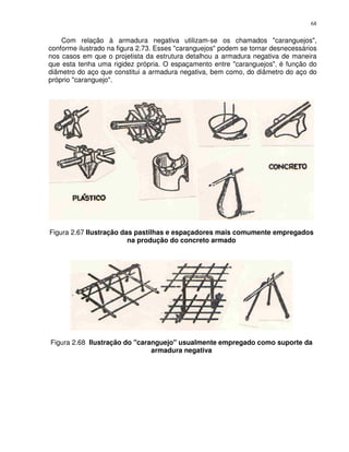68


    Com relação à armadura negativa utilizam-se os chamados "caranguejos",
conforme ilustrado na figura 2.73. Esses "caranguejos" podem se tornar desnecessários
nos casos em que o projetista da estrutura detalhou a armadura negativa de maneira
que esta tenha uma rigidez própria. O espaçamento entre "caranguejos"‚ é função do
diâmetro do aço que constitui a armadura negativa, bem como, do diâmetro do aço do
próprio "caranguejo".




Figura 2.67 Ilustração das pastilhas e espaçadores mais comumente empregados
                         na produção do concreto armado




Figura 2.68 Ilustração do "caranguejo" usualmente empregado como suporte da
                               armadura negativa
 