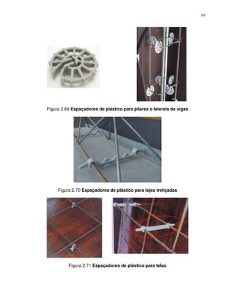 69




Figura 2.69 Espaçadores de plástico para pilares e laterais de vigas




     Figura 2.70 Espaçadores de plástico para lajes treliçadas




          Figura 2.71 Espaçadores de plástico para telas
 