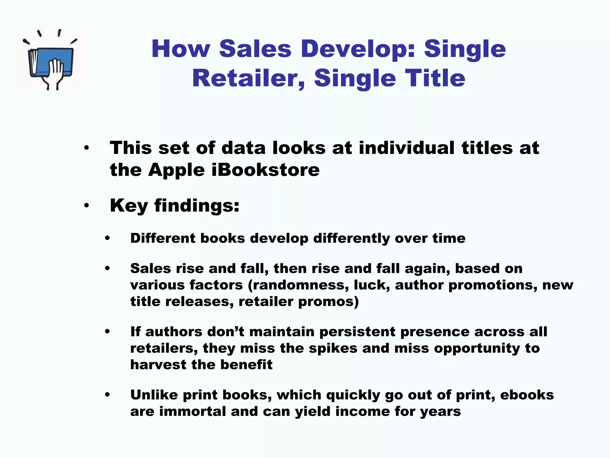 How Sales Develop: Single
            Retailer, Single Title

•   This set of data looks at individual titles at
    the Apple iBookstore
•   Key findings:
    •   Different books develop differently over time

    •   Sales rise and fall, then rise and fall again, based on
        various factors (randomness, luck, author promotions, new
        title releases, retailer promos)

    •   If authors don’t maintain persistent presence across all
        retailers, they miss the spikes and miss opportunity to
        harvest the benefit

    •   Unlike print books, which quickly go out of print, ebooks
        are immortal and can yield income for years
 