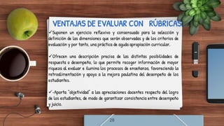 VENTAJAS DE EVALUAR CON RÚBRICAS
Suponen un ejercicio reflexivo y consensuado para la selección y
definición de las dimensiones que serán observadas y de los criterios de
evaluación y por tanto, una práctica de aguda apropiación curricular.
Ofrecen una descripción precisa de las distintas posibilidades de
respuesta o desempeño, lo que permite recoger información de mayor
riqueza al evaluar e ilumina los procesos de enseñanza, favoreciendo la
retroalimentación y apoyo a la mejora paulatina del desempeño de los
estudiantes.
•Aporta “objetividad” a las apreciaciones docentes respecto del logro
de los estudiantes, de modo de garantizar consistencia entre desempeño
y juicio.
28
 