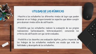 UTILIDAD DE LAS RÚBRICAS
>Muestra a los estudiantes los diferentes niveles de logro que pueden
alcanzar en un trabajo, proporcionando los aspectos que deben cumplir
para alcanzar niveles altos de calificación.
>Posibilita que los estudiantes realicen la evaluación de sus propias
realizaciones (autoevaluación, heteroevaluación), conociendo los
criterios de calificación con que serán evaluados.
>Posibilita a los docentes una evaluación objetiva, justa e imparcial de
los trabajos de los estudiantes mediante una escala que mide las
habilidades y desempeño de los estudiantes.
39
 