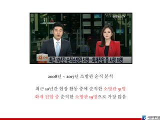 2008년 ~ 2017년 소방관 순직 분석
최근 10년간 현장 활동 중에 순직한 소방관 51명
화재 진압 중 순직한 소방관 19명으로 가장 많음
 