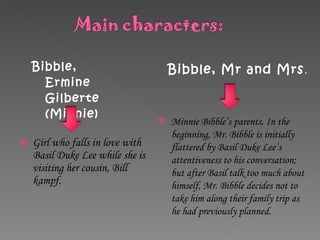 Bibble, Ermine Gilberte (Minnie) Girl who falls in love with Basil Duke Lee while she is visiting her cousin, Bill kampf. Minnie Bibble’s parents. In the beginning, Mr. Bibble is initially flattered by Basil Duke Lee’s attentiveness to his conversation; but after Basil talk too much about himself, Mr. Bibble decides not to take him along their family trip as he had previously planned. Bibble, Mr and Mrs .  