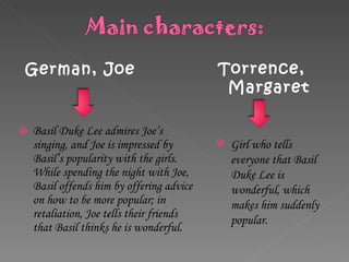 German, Joe Basil Duke Lee admires Joe’s singing, and Joe is impressed by Basil’s popularity with the girls. While spending the night with Joe, Basil offends him by offering advice on how to be more popular; in retaliation, Joe tells their friends that Basil thinks he is wonderful. Torrence, Margaret Girl who tells everyone that Basil Duke Lee is wonderful, which makes him suddenly popular. 