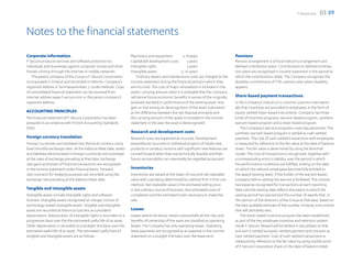 F-Secure 2012   03 39


Notes to the financial statements
Corporate information                                               Machinery and equipment	           3–8 years                       Pensions
F-Secure produces services and software protection to               Capitalized development costs	       3 years                       Pension arrangement is of local statutory arrangement and
individuals and businesses against computer viruses and other       Intangible rights	                   5 years                       defined contribution plans. Contributions to defined contribu-
threats coming through the Internet or mobile networks.             Intangible assets	                5–10 years                       tion plans are recognized in income statement in the period to
   The parent company of the Group is F-Secure Corporation              Ordinary repairs and maintenance costs are charged to the      which the contributions relate. The Company recognizes the
incorporated in Finland and domiciled in Helsinki. Company’s        income statement during the financial period in which they         disability commitment of TYEL pension plan when disability
registrant address is Tammasaarenkatu 7, 00180 Helsinki. Copy       are incurred. The cost of major renovations is included in the     appears.
of consolidated financial statement can be received from            assets’ carrying amount when it is probable that the Company
Internet address www.f-secure.com or the parent company’s           will derive future economic benefits in excess of the originally   Share-based payment transactions
registrant address.                                                 assessed standard or performance of the existing asset. Any        In the Company’s industry it is common practice internation-
                                                                    gain or loss arising on derecognition of the asset (calculated     ally that incentives are provided to employees in the form of
ACCOUNTING PRINCIPLES                                               as the difference between the net disposal proceeds and            equity-settled share-based instruments. Company has three
The financial statement of F-Secure Corporation has been            the carrying amount of the asset) is included in the income        kinds of incentive programs; warrant-based program, synthetic
prepared in accordance with Finnish Accounting Standards            statement in the year the asset is derecognized.                   warrant-based program and a share-based program.
(FAS).                                                                                                                                     The Company’s warrant programs cover key personnel. The
                                                                    Research and development costs                                     synthetic warrant-based program is settled as cash-settled
Foreign currency translation                                        Research costs are expensed as incurred. Development               payment. The cost of cash-settled transactions with employees
Foreign currencies are translated into the local currency using     expenditures incurred on individual projects of totally new        is measured by reference to the fair value at the date of balance
fixed monthly exchange rates. At the balance sheet date, assets     products or product versions with significant new features are     sheet. The fair value is determined by using the Binomial
and liabilities denominated in foreign currencies are translated    carried forward when they are technically feasible and their       model. The cost of transactions is recognized, together with
at the rates of exchange prevailing at that date. Exchange          future recoverability can reasonably be regarded as assured.       a corresponding entry in liability, over the period in which
rate gains and losses of financial transactions are recognized                                                                         the performance conditions are fulfilled, ending on the date
in the income statement under financial items. Forward              Inventories                                                        on which the relevant employees become fully entitled to
rate contracts for hedging purposes are recorded using the          Inventories are valued at the lower of cost and net realizable     the award (vesting date). If the holder of the warrant leaves
exchange rate prevailing at the balance sheet date.                 value with cost being determined by method first-in first-out      company before vesting the warrant is forfeited. The cumula-
                                                                    method. Net realizable value is the estimated selling price        tive expense recognized for transactions at each reporting
Tangible and intangible assets                                      in the ordinary course of business, less estimated costs of        date until the vesting date reflects the extent to which the
Intangible assets include intangible rights and software            completion and the estimated costs necessary to make the           vesting period has expired and the number of awards that, in
licenses. Intangible assets recognized on merger consist of         sale.                                                              the opinion of the directors of the Group at that date, based on
technology-based intangible assets. Tangible and intangible                                                                            the best available estimate of the number of equity instruments
assets are recorded at historical cost less accumulated             Leases                                                             that will ultimately vest.
depreciation. Depreciation of intangible rights is recorded on a    Leases where the lessor retains substantially all the risks and        The share-based incentive program has been established
progressive basis over the the estimated useful life of an asset.   benefits of ownership of the asset are classified as operating     as part of the key employee incentive and retention system
Other depreciation is recorded on a straight-line basis over the    leases. The Company has only operating leases. Operating           inside F‑Secure. Reward will be settled in two phases so that
estimated useful life of an asset. The estimated useful lives of    lease payments are recognized as an expense in the income          one part is settled as equity-settled payment and one part as
tangible and intangible assets are as follows:                      statement on a straight-line basis over the lease term.            cash-settled payment. Cost of cash-settled transactions is
                                                                                                                                       measured by reference to the fair value by using market price
                                                                                                                                       of F‑Secure Corporation share on the date of balance sheet.
 