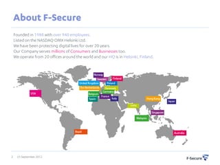 About F-Secure
    Founded in 1988 with over 940 employees.
    Listed on the NASDAQ OMX Helsinki Ltd.
    We have been protecting digital lives for over 20 years.
    Our Company serves millions of Consumers and Businesses too.
    We operate from 20 offices around the world and our HQ is in Helsinki, Finland.




2     25 September 2012
 