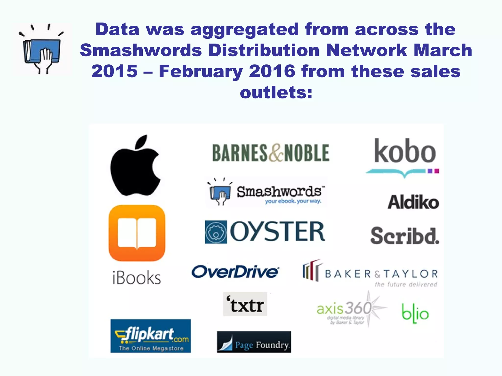 Data was aggregated from across the
Smashwords Distribution Network March
2015 – February 2016 from these sales
outlets:
 