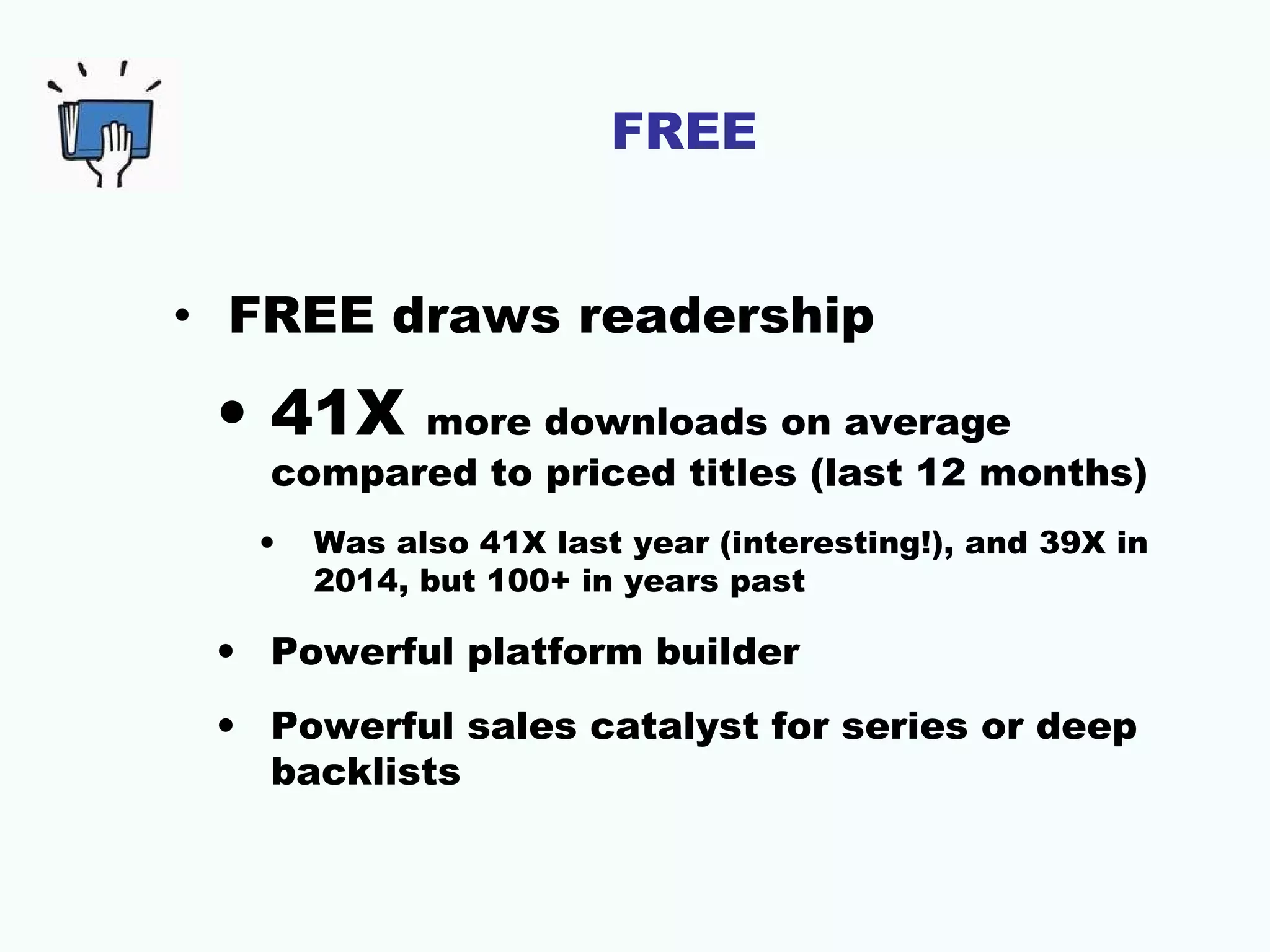 FREE
• FREE draws readership
• 41X more downloads on average
compared to priced titles (last 12 months)
• Was also 41X last year (interesting!), and 39X in
2014, but 100+ in years past
• Powerful platform builder
• Powerful sales catalyst for series or deep
backlists
 