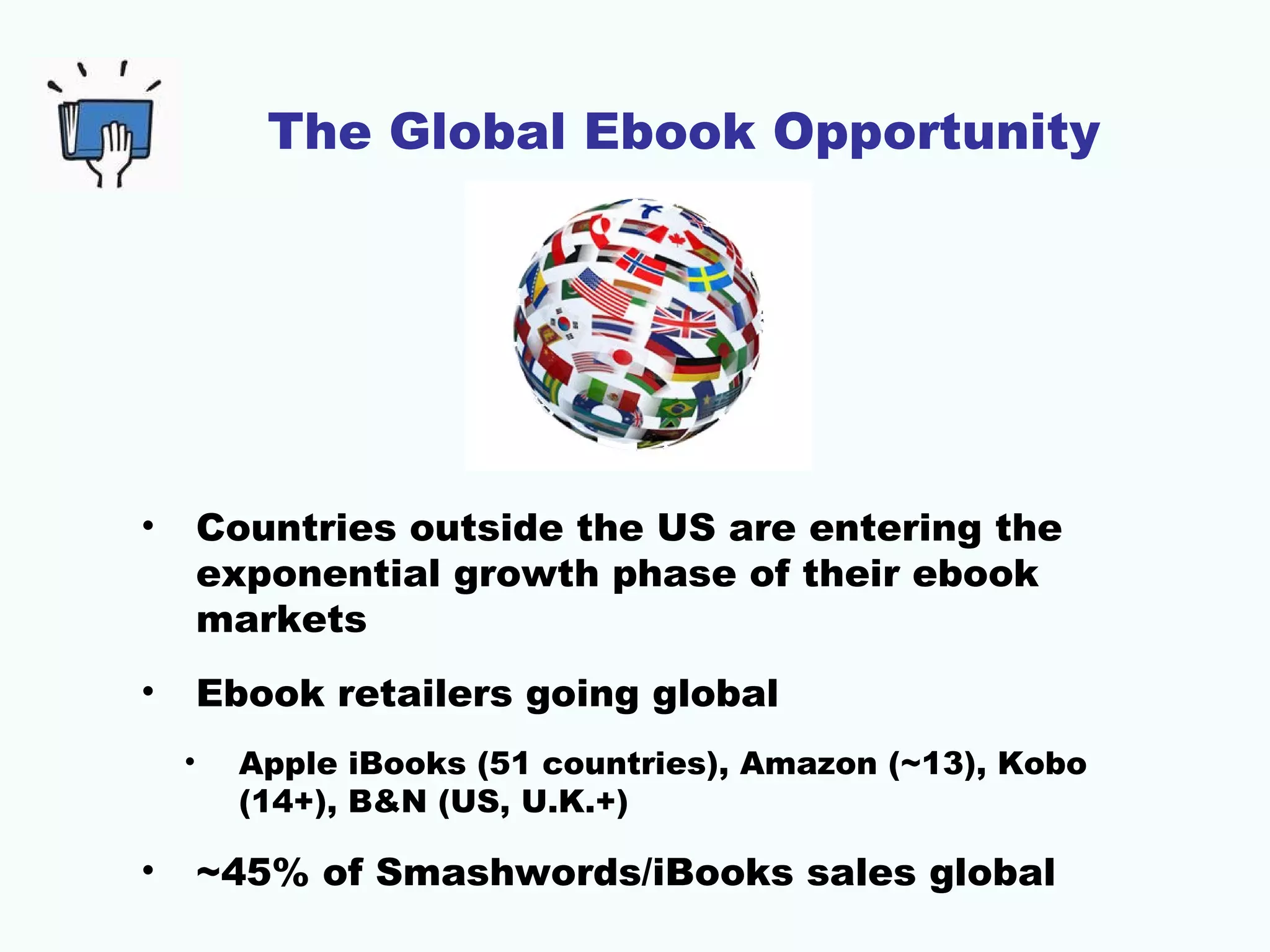 The Global Ebook Opportunity

•

Countries outside the US are entering the
exponential growth phase of their ebook
markets

•

Ebook retailers going global
•

•

Apple iBooks (51 countries), Amazon (~13), Kobo
(14+), B&N (US, U.K.+)

~45% of Smashwords/iBooks sales global

 