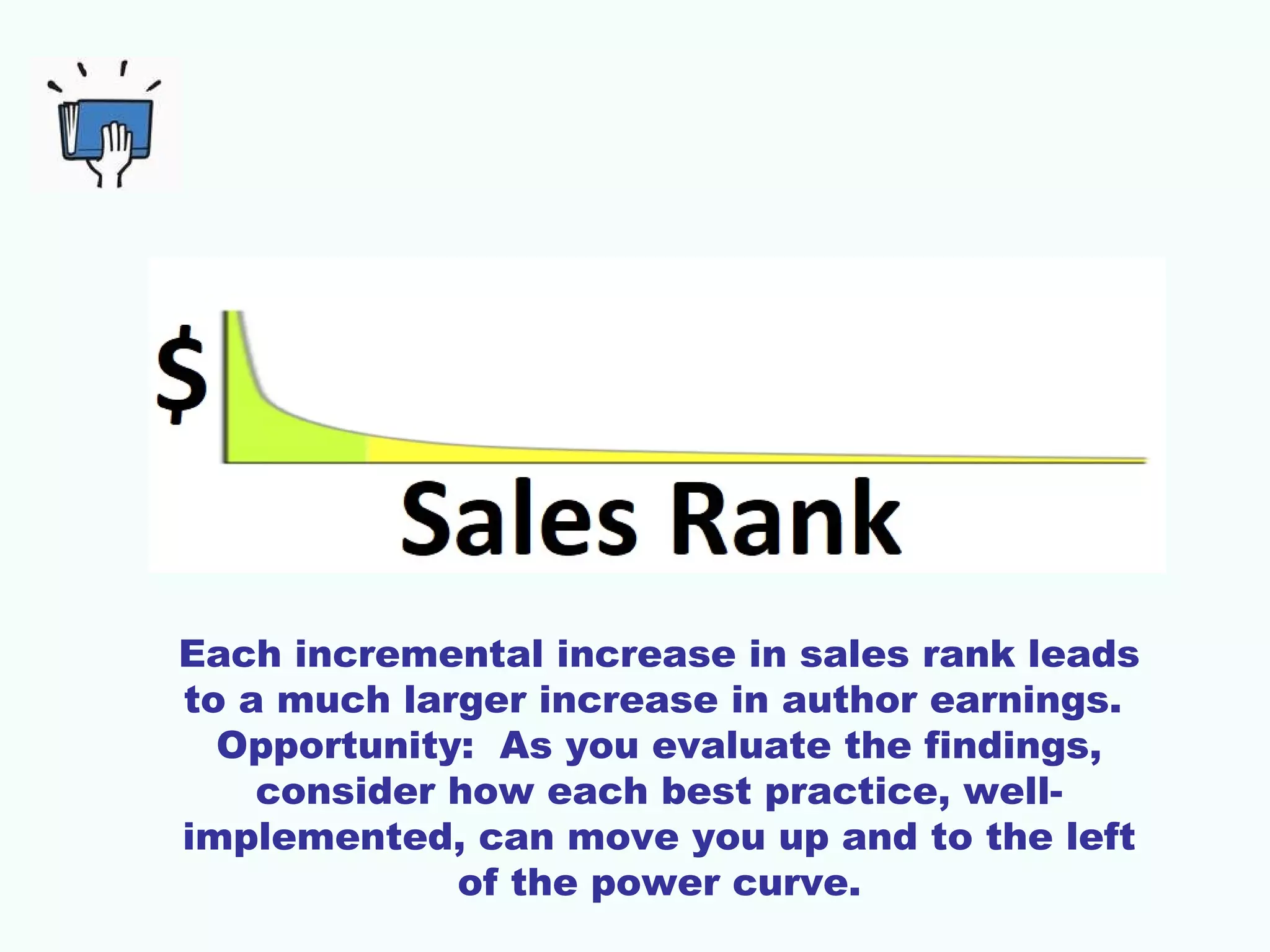 Each incremental increase in sales rank leads
to a much larger increase in author earnings.
Opportunity: As you evaluate the findings,
consider how each best practice, well-
implemented, can move you up and to the left
of the power curve.
 