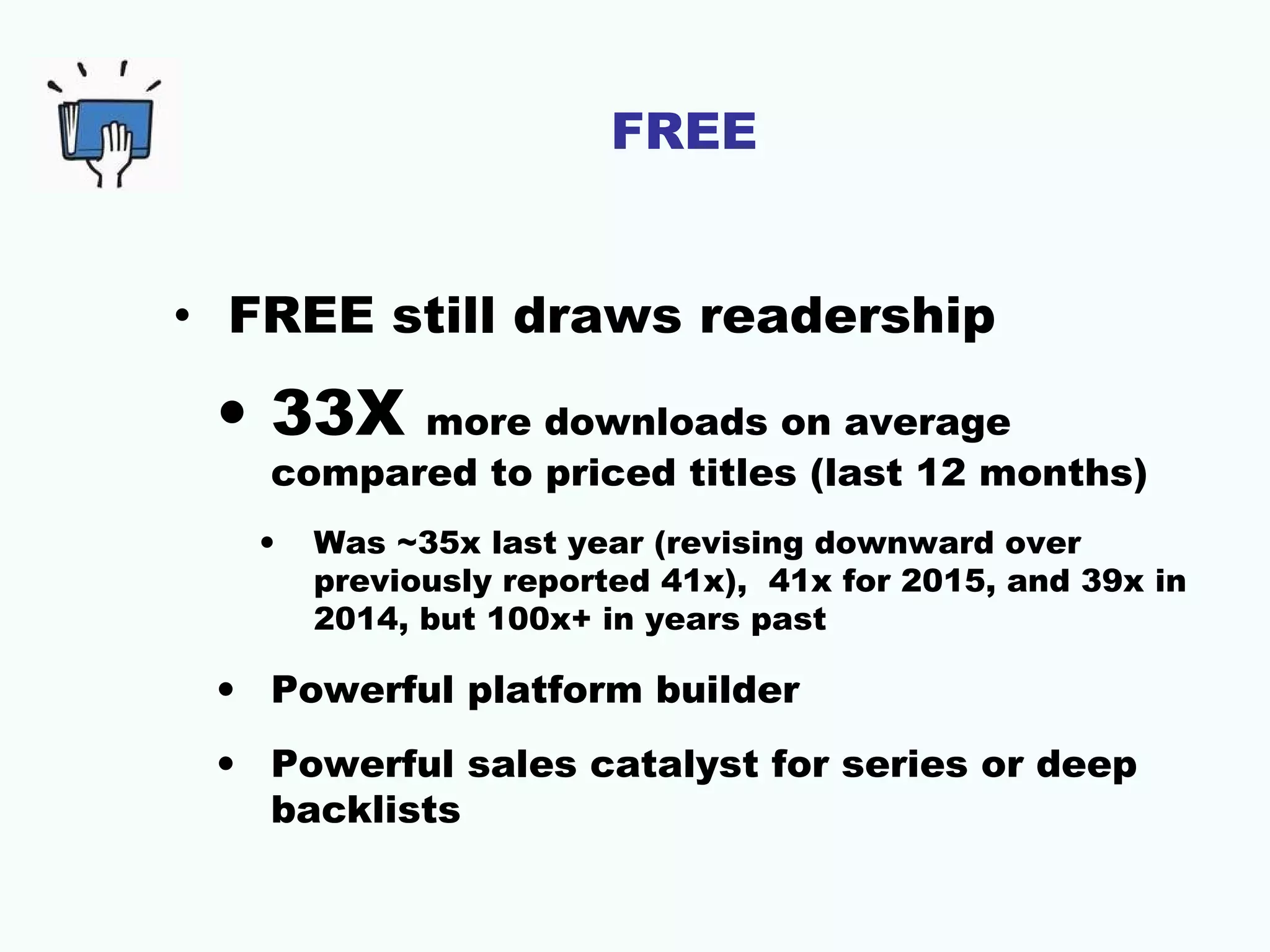 FREE
• FREE still draws readership
• 33X more downloads on average
compared to priced titles (last 12 months)
• Was ~35x last year (revising downward over
previously reported 41x), 41x for 2015, and 39x in
2014, but 100x+ in years past
• Powerful platform builder
• Powerful sales catalyst for series or deep
backlists
 