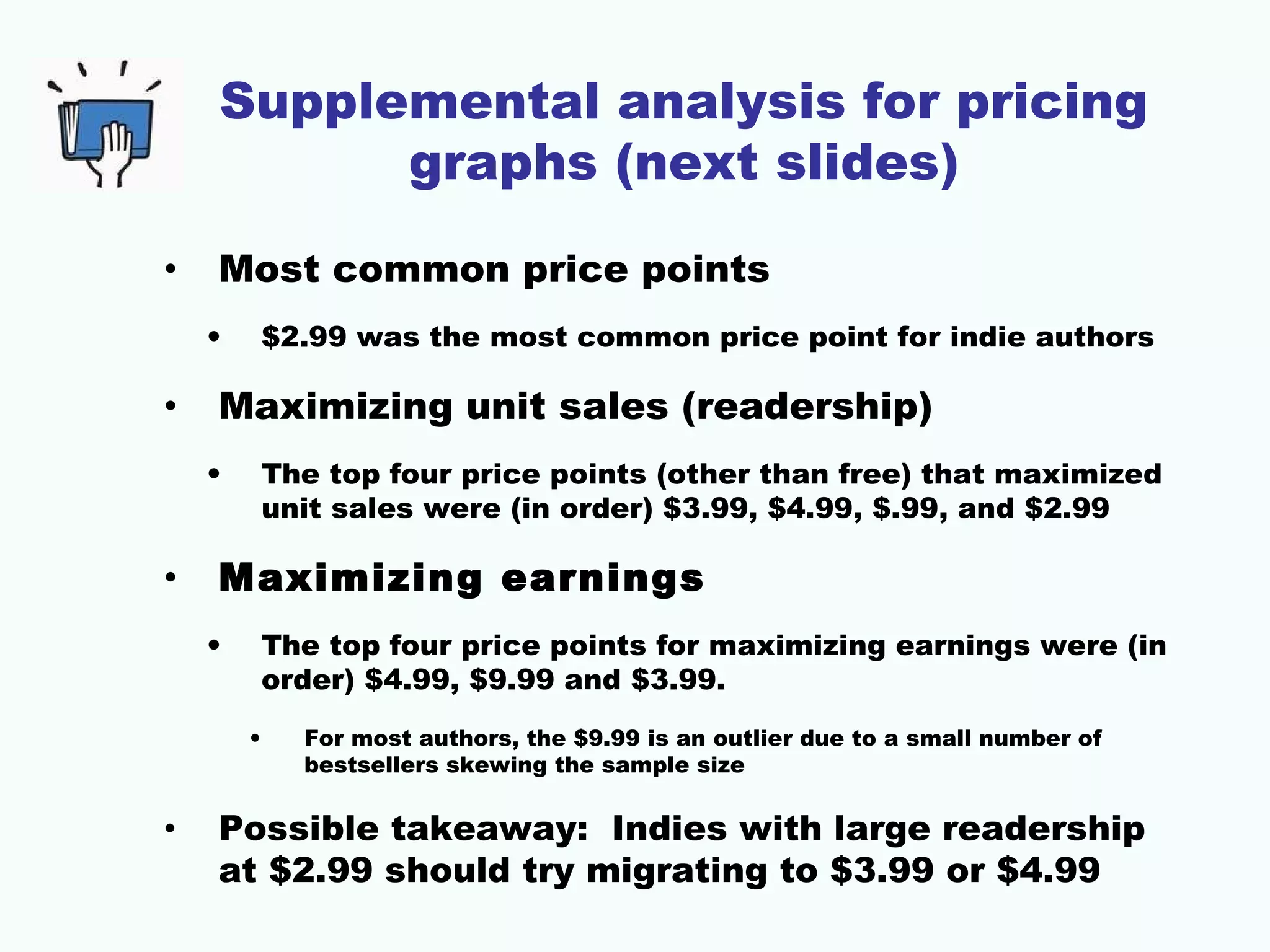 Supplemental analysis for pricing
graphs (next slides)
• Most common price points
• $2.99 was the most common price point for indie authors
• Maximizing unit sales (readership)
• The top four price points (other than free) that maximized
unit sales were (in order) $3.99, $4.99, $.99, and $2.99
• Maximizing earnings
• The top four price points for maximizing earnings were (in
order) $4.99, $9.99 and $3.99.
• For most authors, the $9.99 is an outlier due to a small number of
bestsellers skewing the sample size
• Possible takeaway: Indies with large readership
at $2.99 should try migrating to $3.99 or $4.99
 