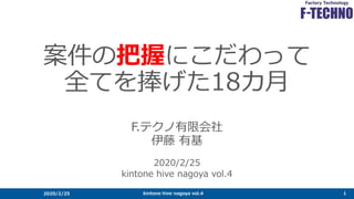 案件の把握にこだわって
全てを捧げた18カ月
F.テクノ有限会社
伊藤 有基
2020/2/25
kintone hive nagoya vol.4
2020/2/25 kintone hive nagoya vol.4 1
 