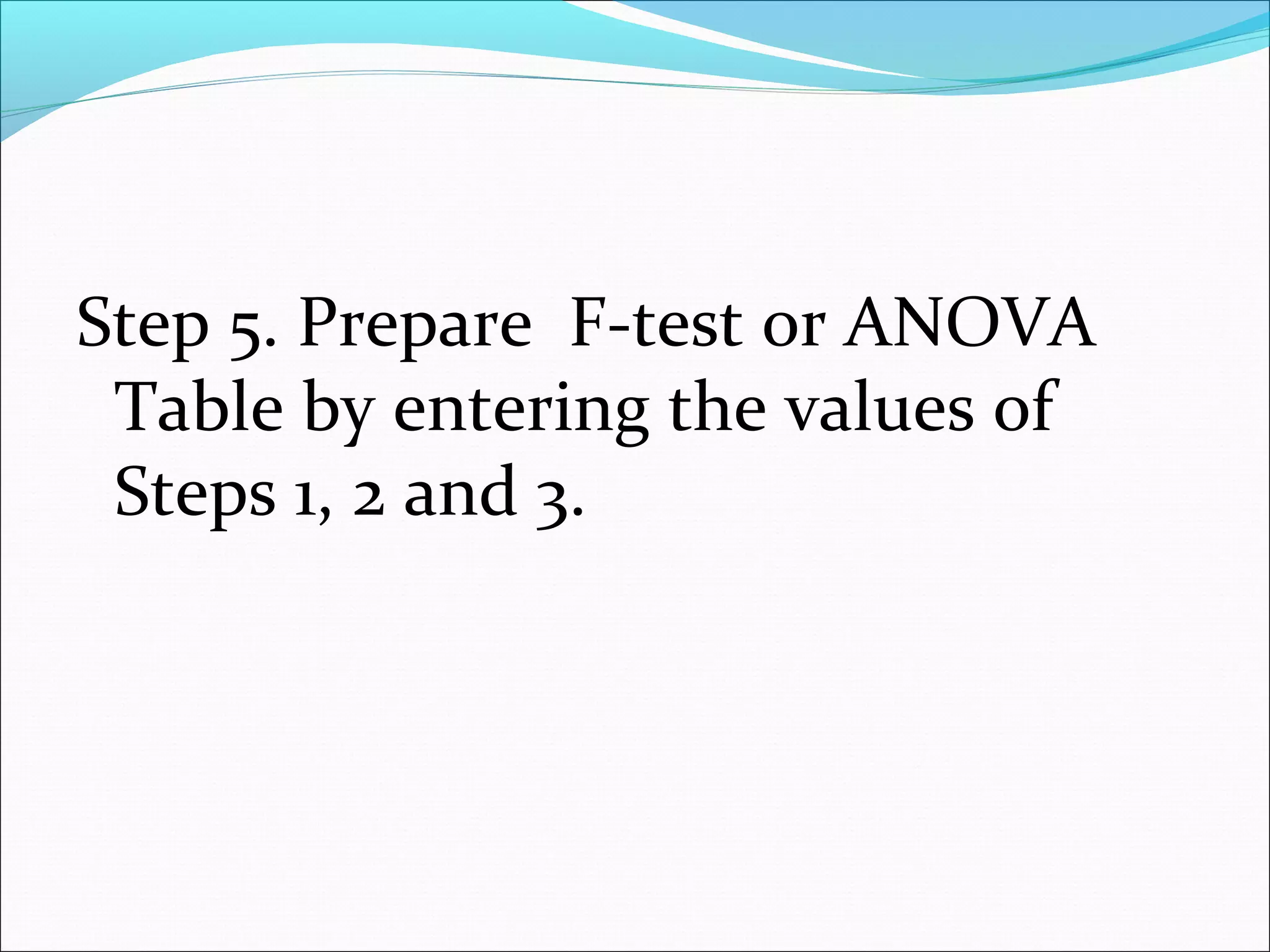 Step 5. Prepare F-test or ANOVA
Table by entering the values of
Steps 1, 2 and 3.
 
