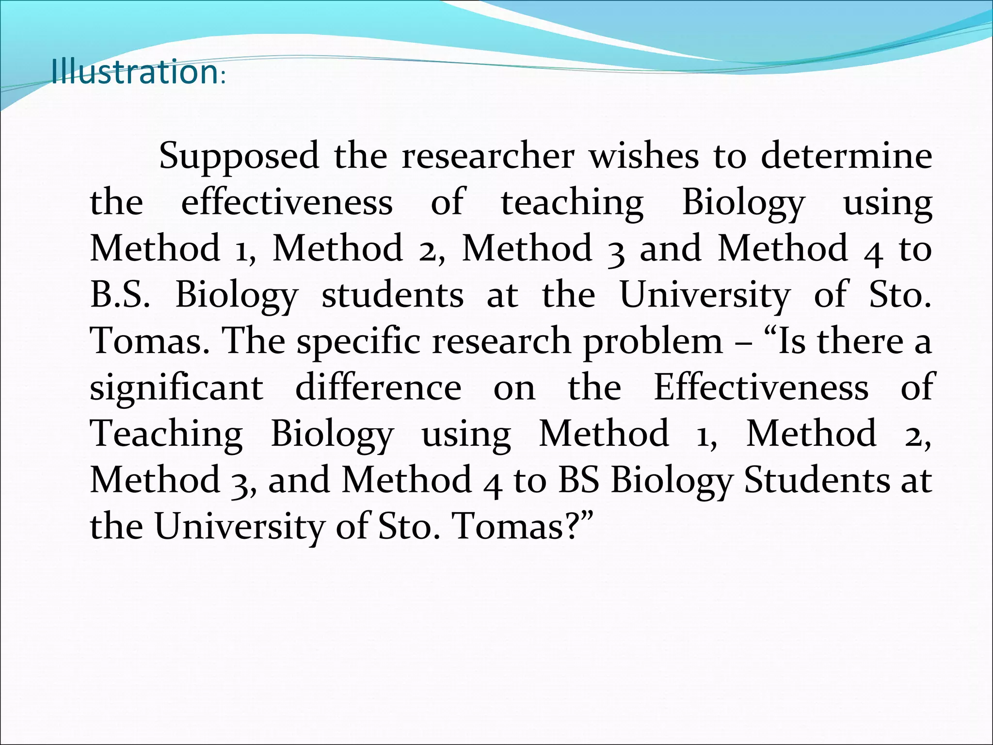 Illustration:
Supposed the researcher wishes to determine
the effectiveness of teaching Biology using
Method 1, Method 2, Method 3 and Method 4 to
B.S. Biology students at the University of Sto.
Tomas. The specific research problem – “Is there a
significant difference on the Effectiveness of
Teaching Biology using Method 1, Method 2,
Method 3, and Method 4 to BS Biology Students at
the University of Sto. Tomas?”
 