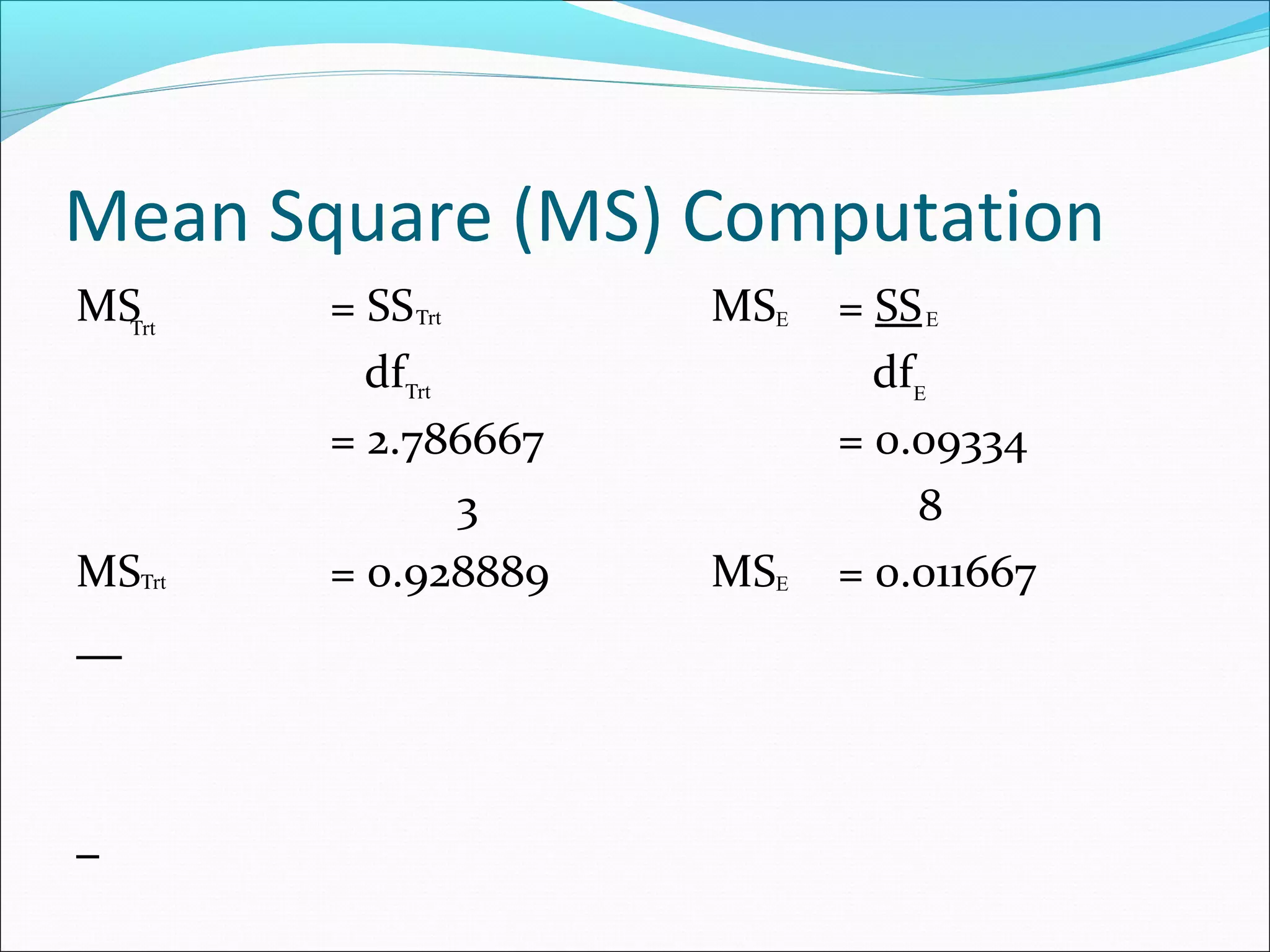 Mean Square (MS) Computation
MS = SS MS = SS
df df
= 2.786667 = 0.09334
3 8
MS = 0.928889 MS = 0.011667
rtΤ
rtΤ
rtΤ
rtΤ E
E
E
E
 