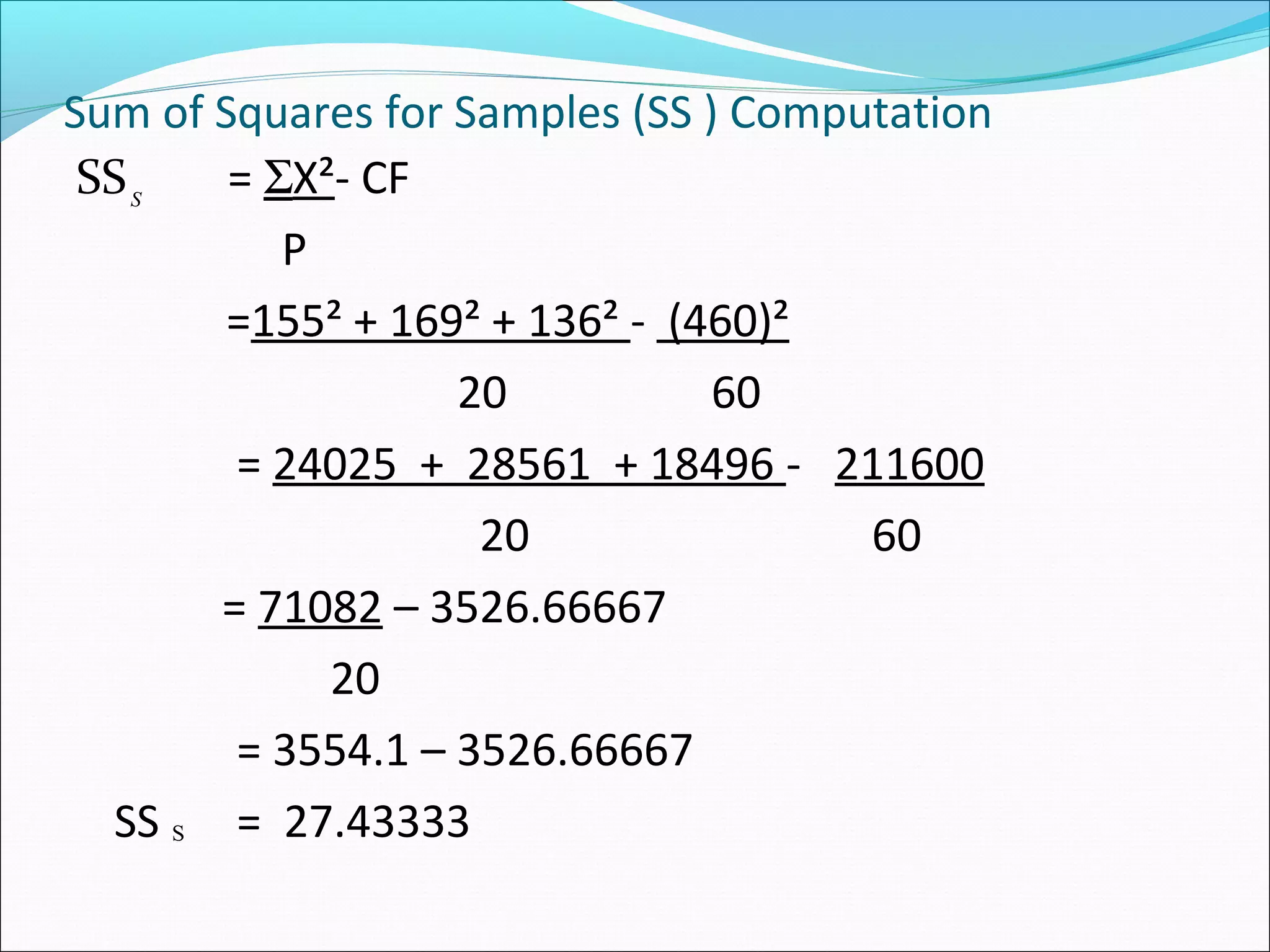 Sum of Squares for Samples (SS ) Computation
SS = ΣX²- CF
P
=155² + 169² + 136² - (460)²
20 60
= 24025 + 28561 + 18496 - 211600
20 60
= 71082 – 3526.66667
20
= 3554.1 – 3526.66667
SS = 27.43333S
S
 