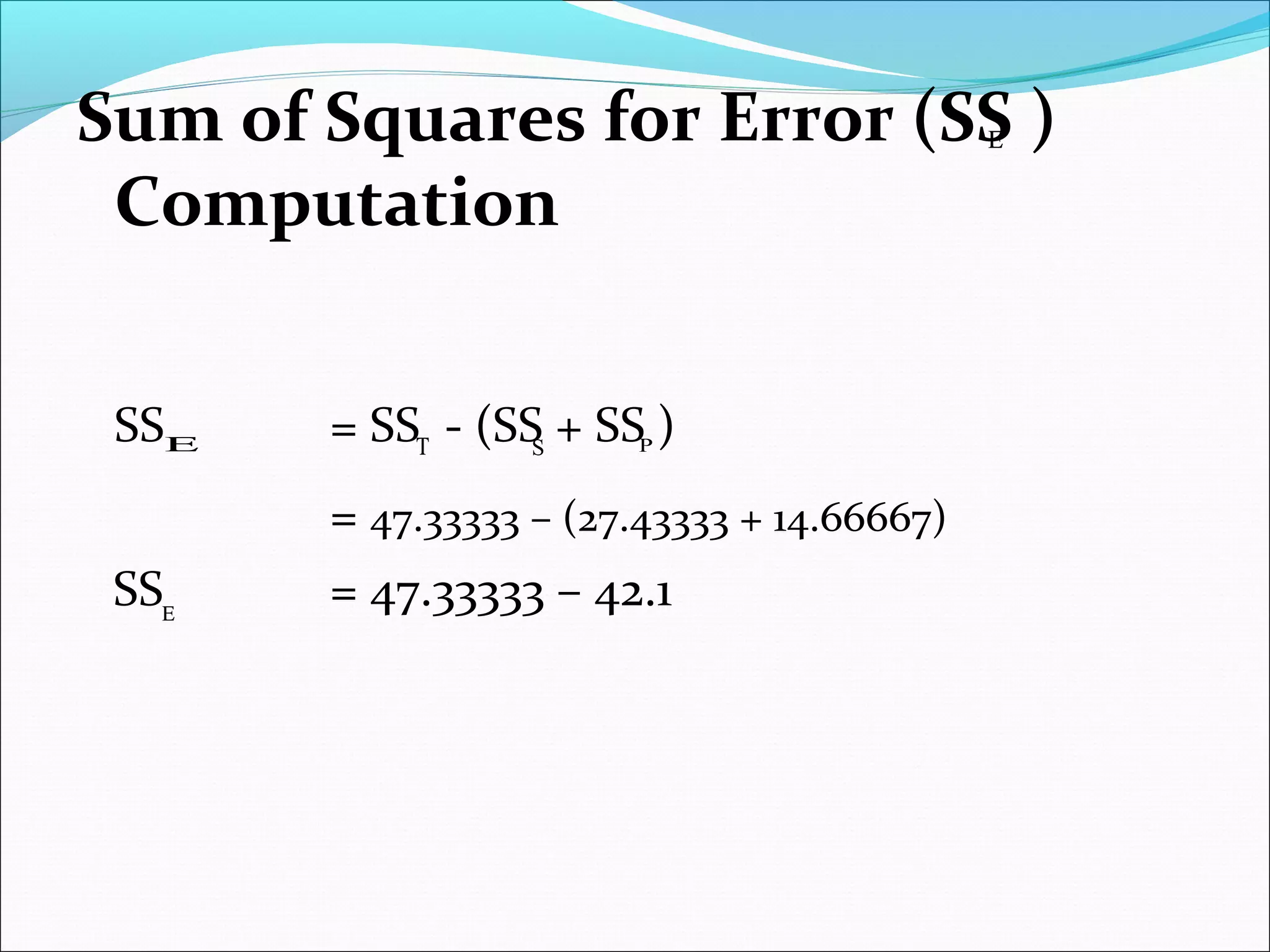 Sum of Squares for Error (SS )
Computation
SS = SS - (SS + SS )
= 47.33333 – (27.43333 + 14.66667)
SS = 47.33333 – 42.1
Ε
Ε Τ S
Ε
P
 