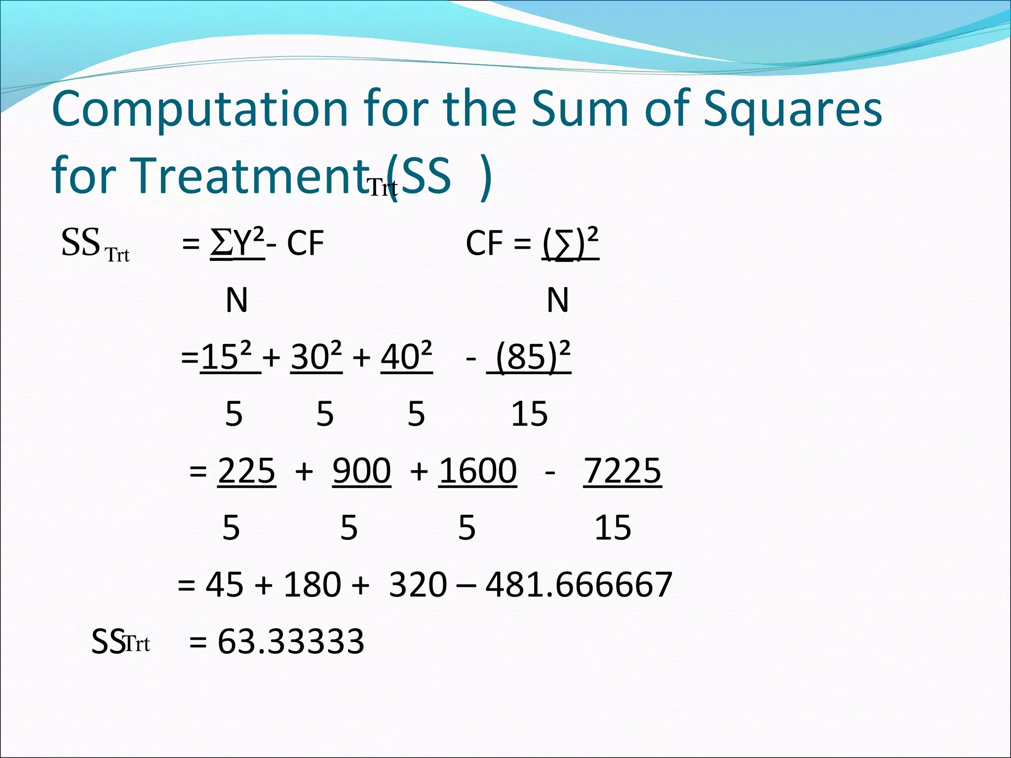 Computation for the Sum of Squares
for Treatment (SS )
SS = ΣY²- CF CF = (∑)²
N N
=15² + 30² + 40² - (85)²
5 5 5 15
= 225 + 900 + 1600 - 7225
5 5 5 15
= 45 + 180 + 320 – 481.666667
SS = 63.33333
rtΤ
rtΤ
rtΤ
 