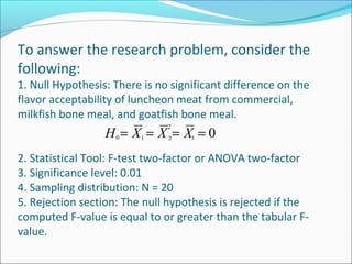 To answer the research problem, consider the
following:
1. Null Hypothesis: There is no significant difference on the
flavor acceptability of luncheon meat from commercial,
milkfish bone meal, and goatfish bone meal.
2. Statistical Tool: F-test two-factor or ANOVA two-factor
3. Significance level: 0.01
4. Sampling distribution: N = 20
5. Rejection section: The null hypothesis is rejected if the
computed F-value is equal to or greater than the tabular F-
value.
2
0==== XXXH 1 30 2
 