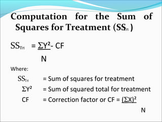 Computation for the Sum of
Squares for Treatment (SS )
SS = ΣY²- CF
N
Where:
SS = Sum of squares for treatment
ΣY² = Sum of squared total for treatment
CF = Correction factor or CF = (ΣX)²
N
rtΤ
rtΤ
rtΤ
 