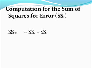 Computation for the Sum of
Squares for Error (SS )
SS = SS - SS
Ε
Ε Τ rtΤ
 