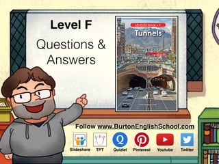 Questions &
Answers
Level F
Follow www.BurtonEnglishSchool.com
Slideshare Youtube TwitterTPT PinterestQuizlet
www.readinga-z.com
Written by Elizabeth Jane Pustilnik
LEVELED BOOK • F
Tunnels
 