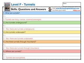 1. What are tunnels?
1 -
2 -Tunnels are long, narrow, covered passages.
2.) Are tunnels underground?
1 -
2 - Yes, there are tunnels underground.
3.) Are tunnels underwater?
1 -
2 - Yes, there are tunnels underwater.
4.) Are there tunnels through mountains?
1 -
2 - Yes, there are tunnels through mountains.
5.) Where are tunnels?
1 -
2 - Tunnels are everywhere.
Skills: Questions and Answers
Level F - Tunnels
Visit www.BurtonEnglishSchool.com
to check your work.
Name:
www.readinga-z.com
Written by Elizabeth Jane Pustilnik
LEVELED BOOK • F
Tunnels
 
